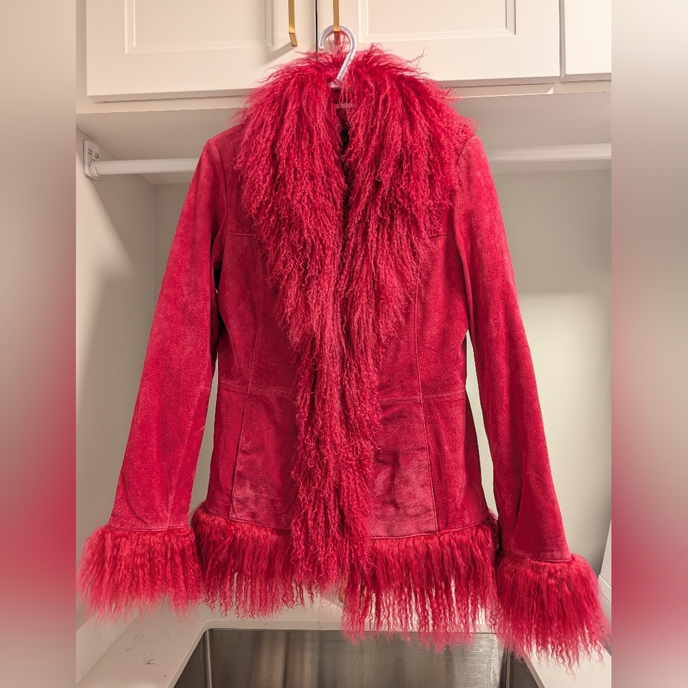 90s Danier Penny Lane Jacket - Pink Suede With Mongolian Wool Trim